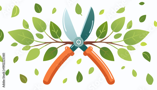 Bright flat style illustration of garden scissors cutting branches with green leaves modern