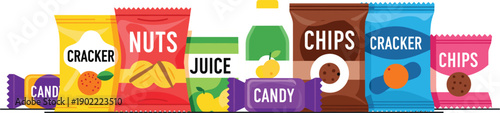 Set of colorful snack and beverage packaging illustrations featuring chips crackers nuts candy and juice bottles isolated on grey background