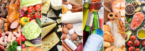 Schilderij op canvas A diverse collage featuring a wide assortment of common grocery products, including various types of meat, fresh vegetables, assorted cheeses