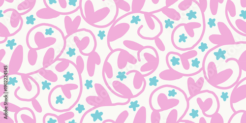 Hand drawn whimsical floral illustration featuring pink abstract flowers arranged in a repeating pattern, creating a soft and playful decorative background.
