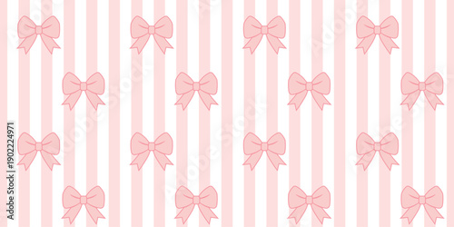 Seamless pattern of pink bows on vertical light pink and white stripes. Elegant decorative design ideal for wallpaper, fabric, gift wrap, feminine themes, and creative stock photography projects.