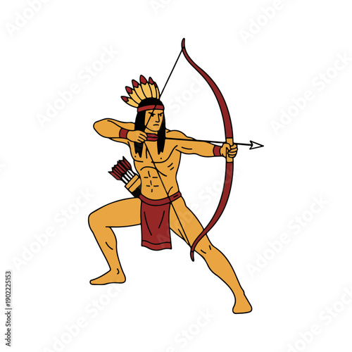 Native American Archer Drawing Bow and Arrow.