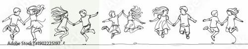 line art of two small children jumping happily together