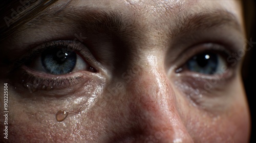 Close up of human eyes with a tear conveying emotional distress