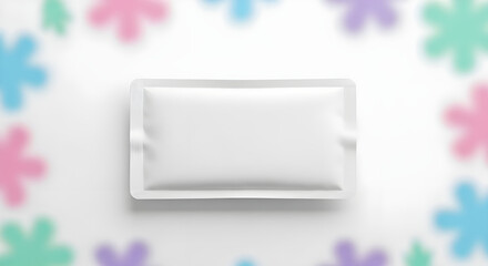 Blank white sachet packaging mockup with colorful floral border