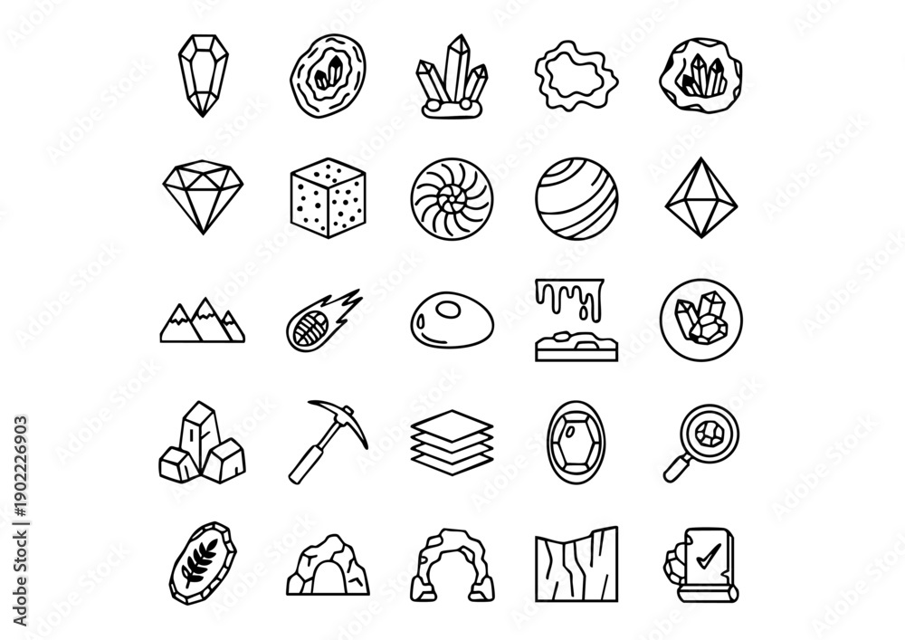 Fototapeta premium Minimalist Geological Vector Icon Set, 2D Game Asset: Mineral and Gemstone Outline Collection, Black and White Linear Rock & Fossil Symbols