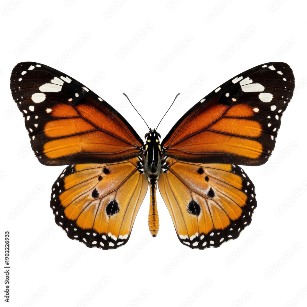 Obraz premium Vibrant monarch butterfly with striking orange and black wing patterns isolated on transparent background