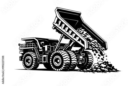 Ultra-class mining dump truck dumping material with raised bed