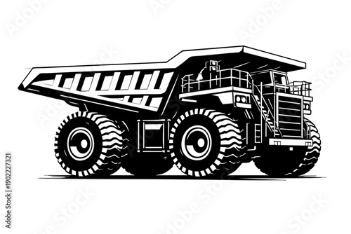 Side profile ultra-class mining dump truck showing oversized dump bed
