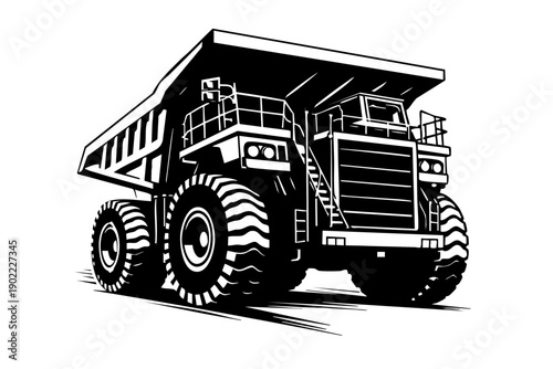 Solid black and white vector illustration of an ultra-class mining dump truck