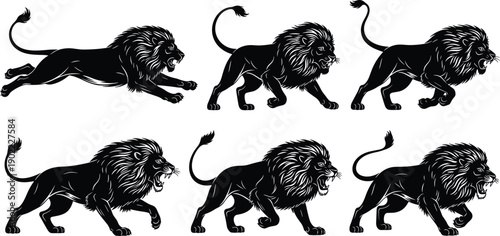 Black lion silhouette animation sequence featuring walking running and roaring poses powerful wildlife motion study animal logo and heraldic design isolated on white background