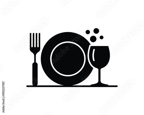 A simple black and white illustration of a table setting with a plate, fork, and wine glass.