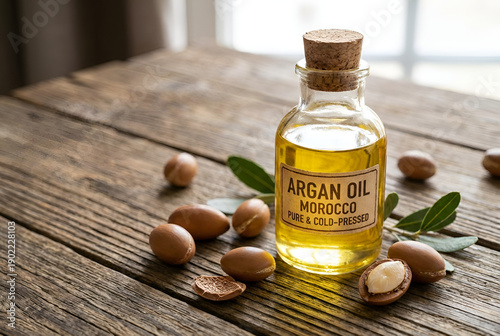 bottle of Argan oil with green leaves, on a wooden table.