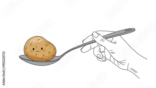 Whimsical illustration of a hand holding a large spoon with a small cute potato character having a happy smiling face.