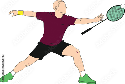 Badminton player in dynamic lunge hitting shuttlecock, athletic action illustration for sports competition, fitness training, and active lifestyle concept design