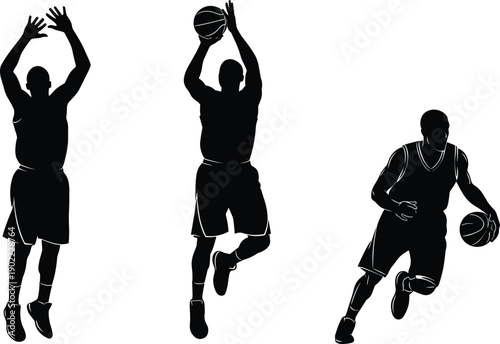 Basketball player silhouette collection showing dribbling, jumping, and shooting poses in dynamic athletic motion for sports training and competition design