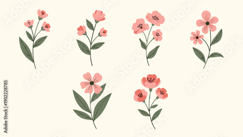 Collection of six small delicate pink flower sprigs with green leaves arranged neatly on a light cream colored background.