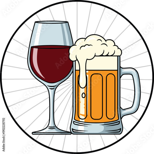 Beer mug and red wine glass illustration in circular badge style, alcohol beverage concept for bar, restaurant, celebration, and social drink design