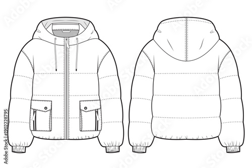 hooded puffer jacket technical fashion template. flat sketch jacket zipper, flap pockets, drawstring hood, front and back, CAD fashion mockup.