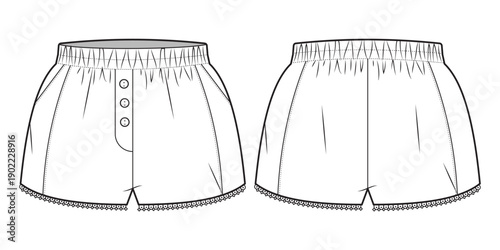 Women lace trim shorts technical fashion template. flat sketch Cute White Causal Lounge Shorts, flat vector illustration for sleepwear apparel design, summer shorts, front and back, CAD mockup.