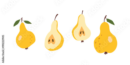 Pear isolated on white background. Natural delicious fresh ripe tasty fruit. Sweet pears with leaves. Food concept. Vector illustration for design.