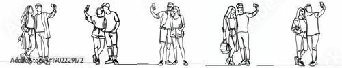 line art of a couple standing taking a selfie together