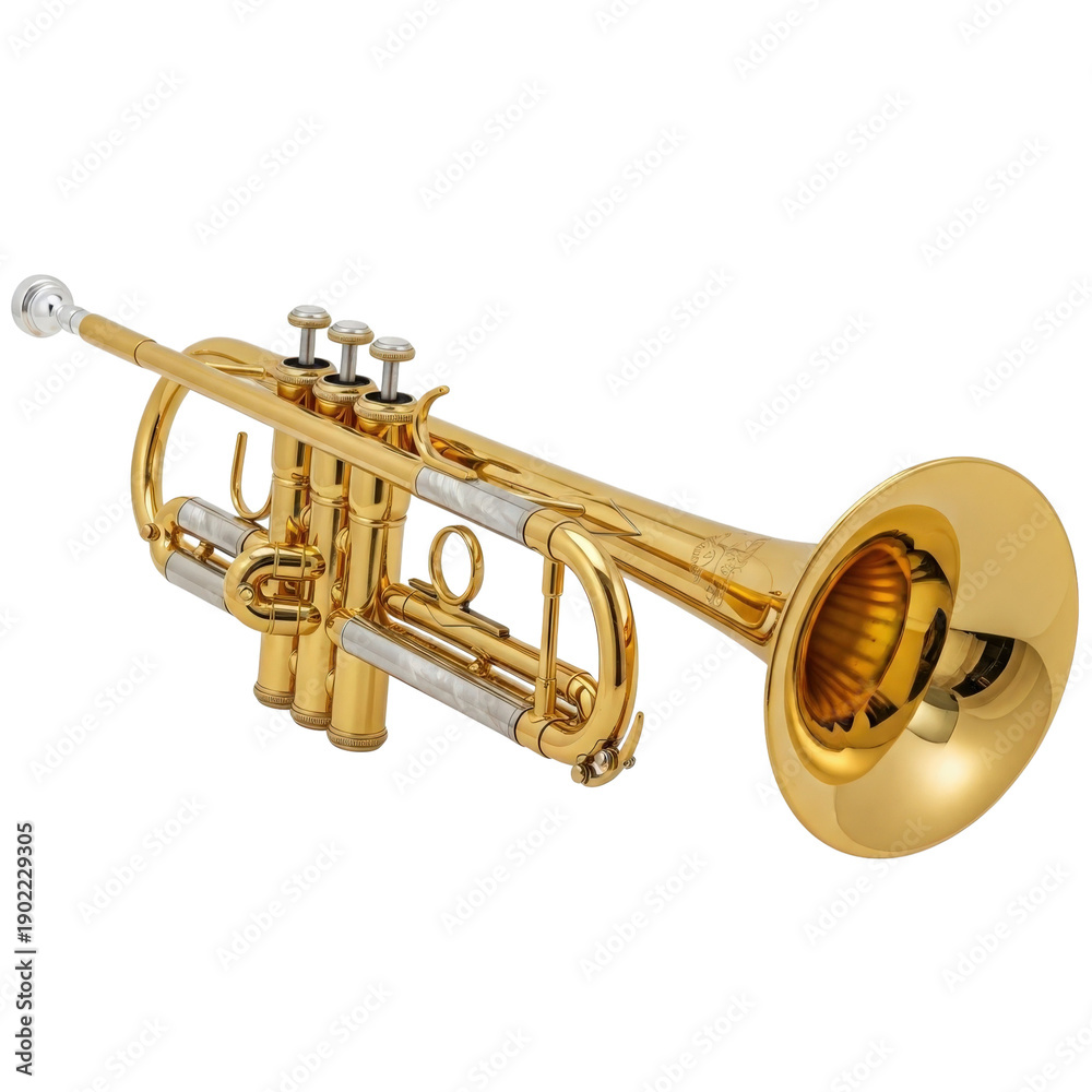 Obraz premium Polished brass trumpet with three valves and gleaming bell finish isolated on transparent background