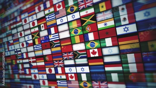 World Flags Background Animation With All Countries
Animation of a design abstract 3d background with international world flags icons mosaic shifting and speed effect along with depth of blur