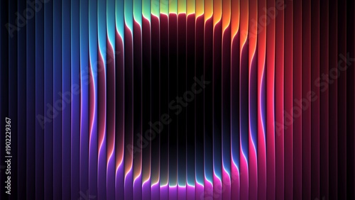 Ultra colorful futuristic fractal glass background with intense circular gradient flowing through ribbed wavy surface creates powerful depth optical refraction for creative visual design. 3d render