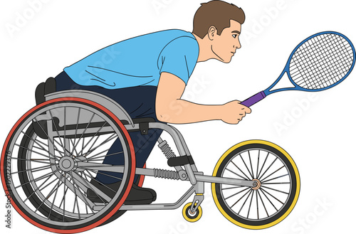 Wheelchair tennis athlete illustration in dynamic sports action, adaptive competition, disability inclusion, strength, determination, and active lifestyle concept design