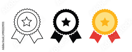 Different Styles of Reward Badge Icons Representing Achievement and Recognition Design Variations Black White and Yellow Versions