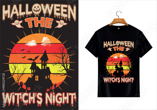 Halloween Tee Design: Spooky artwork on a t-shirt, perfect for the witching season. A bewitching blend of retro charm and Halloween eeriness!