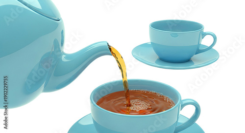 Blue Teapot Pouring Tea into Cup