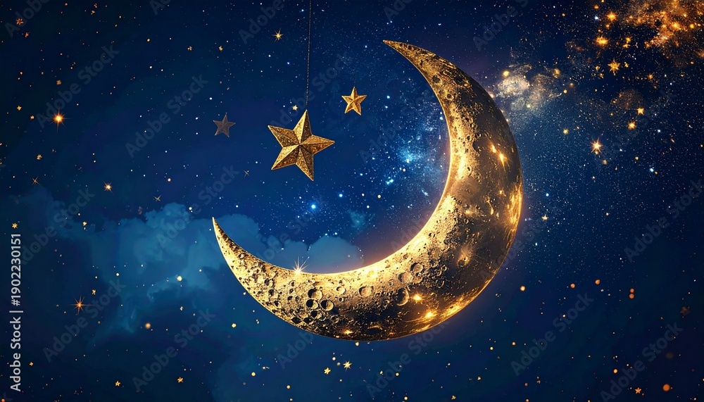 Naklejka premium Enchanting Crescent Moon and Stars in a Dreamy Night Sky.