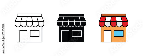 Different Styles of Shop Icons Representing Retail and Business Design Variations Black White and Colored Versions