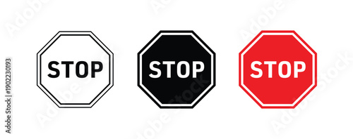 Different Styles of Stop Sign Icons Representing Caution and Halt Design Variations Black White and Red Versions