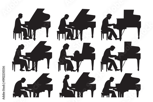 Black silhouettes of people playing grand and upright pianos in a grid layout on white