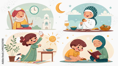 Ramadan fasting story illustration set kids and adult muslims breaking their fast suhoor and iftar meals mosque background