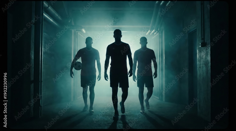 Fototapeta premium Three confident soccer players, one carrying a ball, walk through a dark, smoky tunnel, preparing to enter the stadium with determination and team spirit