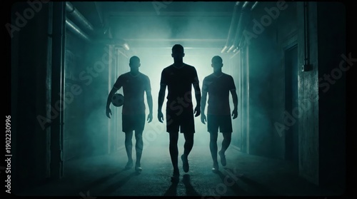 Three confident soccer players, one carrying a ball, walk through a dark, smoky tunnel, preparing to enter the stadium with determination and team spirit