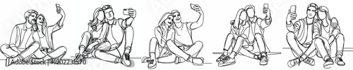 line art of a couple sitting on floor taking a selfie together