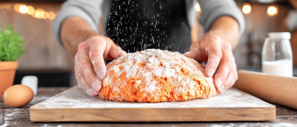 custom made wallpaper toronto digitalChef Hands Dusting Orange Dough with Flour on Wooden Board