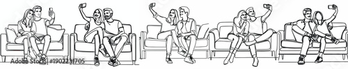 line art of a couple sitting on sofa taking a selfie together
