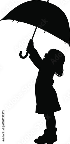 Silhouette of a little girl holding an umbrella representing childhood innocence, rainy day concept, protection, weather theme, imagination, and minimal black shadow illustration on white background