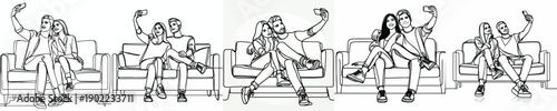 line art of a couple sitting on sofa taking a selfie together