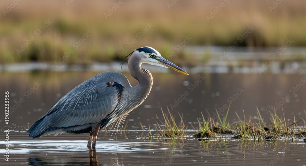 Naklejka premium Great blue heron standing in water with natural background
