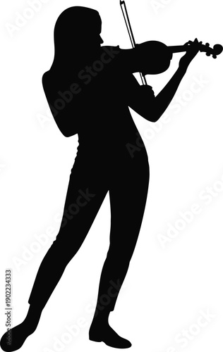 Silhouette of violinist standing with instrument and bow, artistic music illustration symbolizing performance, classical art, creative design, and cultural expression concept