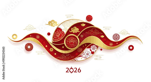 Red and gold ornamental vector illustration for Chinese New Year 2026, featuring a fire horse icon and CNY typography on a white background with a celebratory mood.