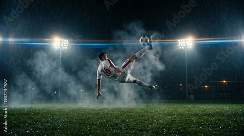 Soccer player kicking ball mid air with an overhead technique on a wet grass field, illuminated by bright stadium lights during a professional match with dramatic rain and smoke effects