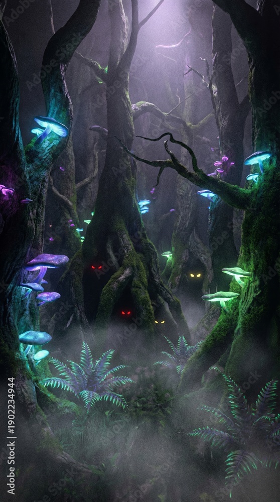 Fototapeta premium Mysterious ancient trees and bioluminescent mushrooms illuminate a foggy, enchanted forest where unseen creatures with glowing eyes watch from the eerie shadows